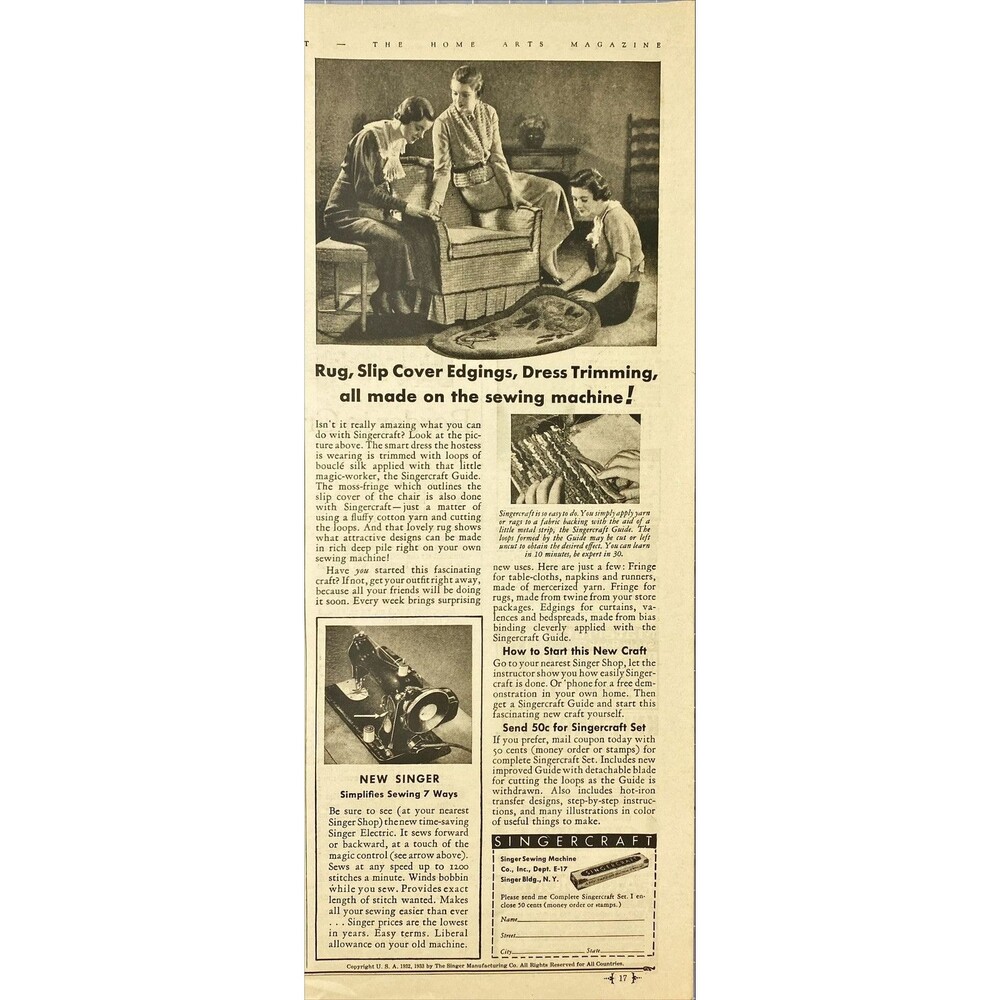 Singer Sewing Machine "Simplifies Sewing Seven Ways" Vintage Print Ad 1933